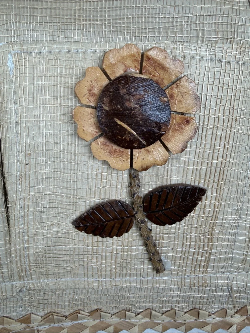 Vintage Woven Rattan Raffia Mail Bill Sorter Coconut Shell Butterfly Sunflower